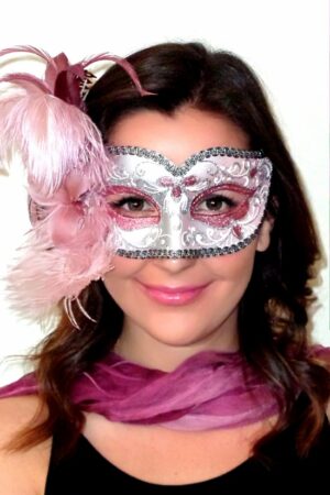 Annalyse Pink Feathered Mask Silver