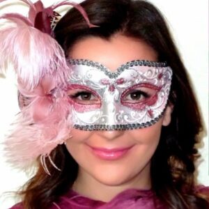 Annalyse Pink Feathered Mask Silver