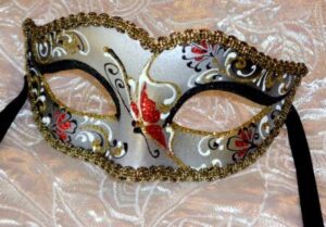 Bianca Italian Made Masquerade Mask in Black Gold with Red