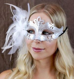 Silver Ladies Mask White feathers